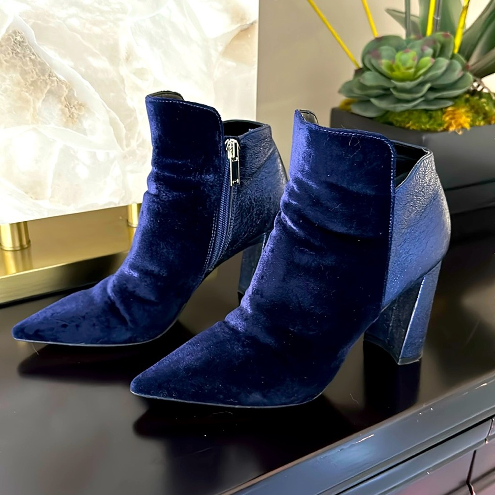 Marc Fisher blue velvet and leather ankle booties.